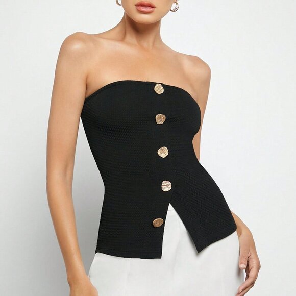 Black Casual Women's Button Front Split Hem Bandeau Top - Picture 3 of 7